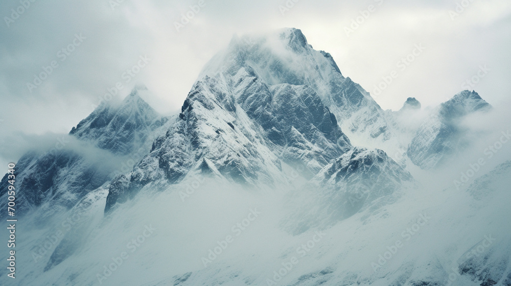 A dramatic graphic representation of snow-capped peaks piercing the clouds, creating an atmosphere of mystery and grandeur.