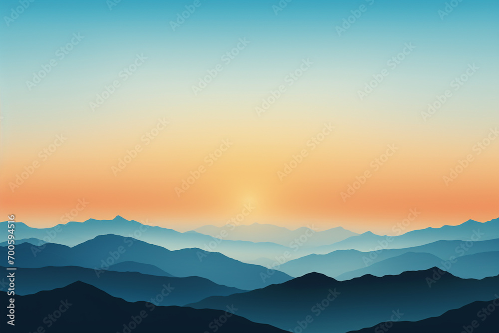 A stylized graphic depiction of a mountainous horizon at dusk, with silhouetted peaks and a gradient sky transitioning from warm oranges to cool blues.