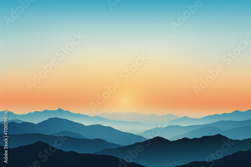 A stylized graphic depiction of a mountainous horizon at dusk, with silhouetted peaks and a gradient sky transitioning from warm oranges to cool blues.