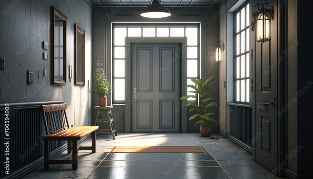 Dirty industrial style hallway with big metal framed windows, front door and tile floor Dirty industrial style hallway with big metal framed windows, front door and tile floor