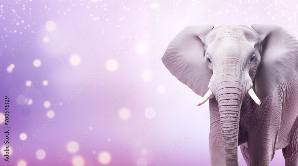 Elefante isolado em um fundo roxo, lilás e lavanda com luzes desfocadas - Fundo de tela 