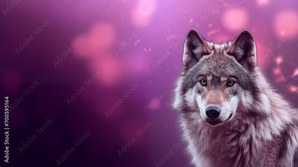 lobo cinzento isolado em um fundo roxo, lilás e lavanda com luzes desfocadas - Fundo de tela 
