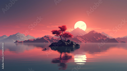 Digitale Kunst einer ruhigen Seenlandschaft bei Sonnenuntergang © Claudia