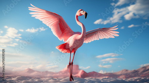 A large pink flamingo stands gracefully on one leg with wings spread wide against a clear blue sky and white cloud backdrop above a soft white ground with distant pink mountains