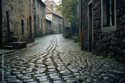 A captivating image capturing the character of an ancient cobblestone lane  its irregular patterns complemented by vintage street furniture and antique storefronts.