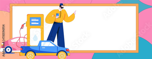 Vector Internet operation hand-drawn illustration of people getting discounts for refueling their cars
