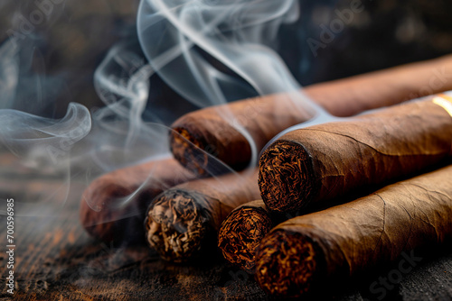 Cuban cigar with smoke, close up view with details, atmospheric light and background. generative AI photo