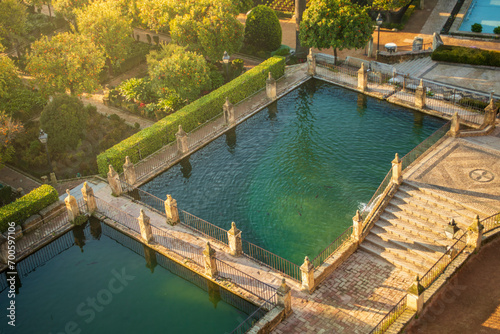 Nice view from above of the water ponds in the gardens of the Alcázar de los Reyes Cristianos in Córdoba, Andalusia