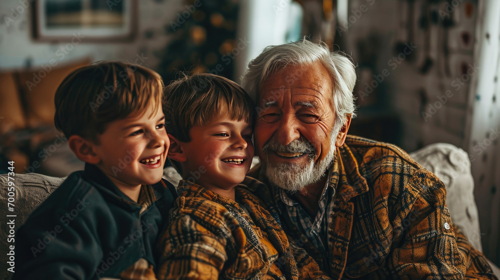 Smiling senior man sitting together with boys on sofa at home
Smiling senior man sitting together with boys on sofa at home