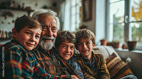 Smiling senior man sitting together with boys on sofa at home 