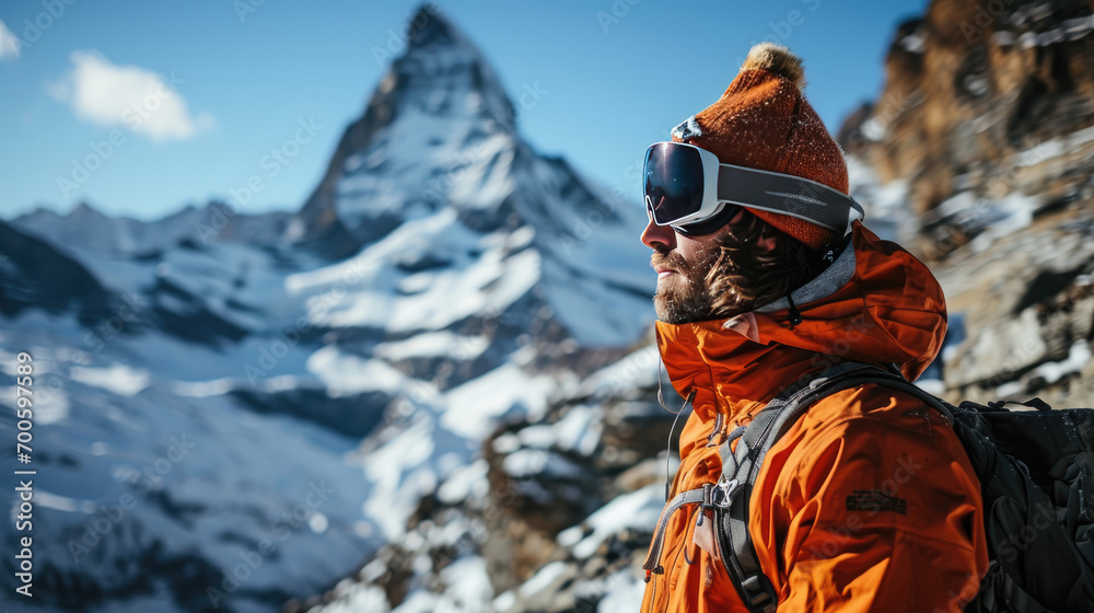Side view of male traveler in orange warm clothes and goggles standing against snowcapped mountain peak and clear sky
