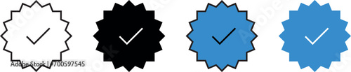 Verified badge profile set. Verified badge lined, isolated and colored style. Social media account verification icons. Blue check mark icon. Profile verified badge. Guaranteed signs. Vector
