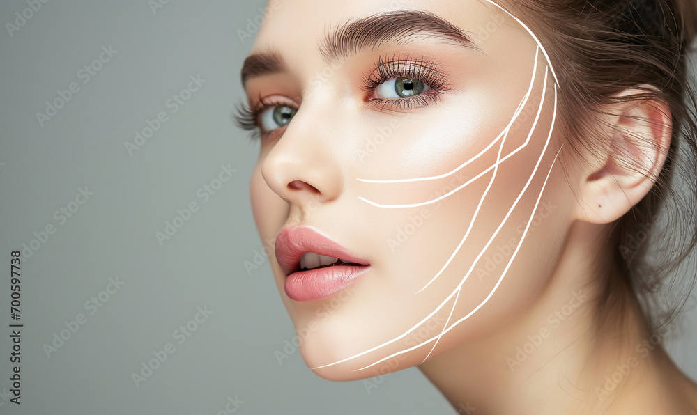 Lifting lines, advertising of face contour correction, female face skin lifting