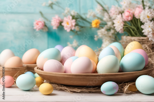 Easter eggs in restrained colors with flowers on a blue background. photo