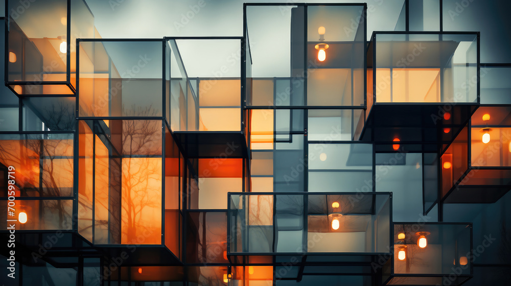 A modern building with glass facades reflecting the warm colors of ...