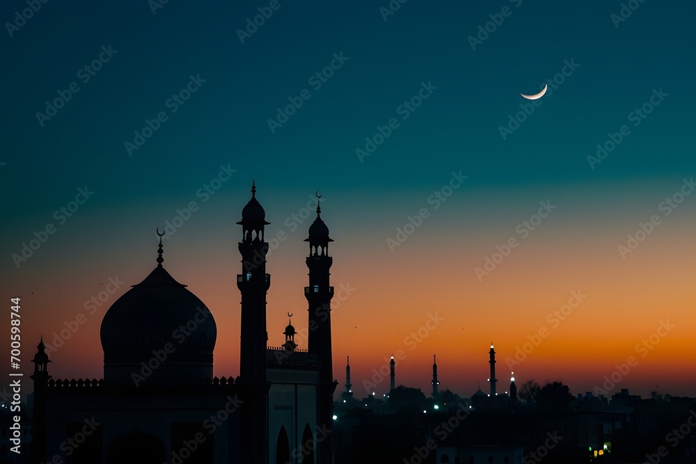 Islamic Crescent Moon of Ramadan Kareem and Eid Mubarak Background