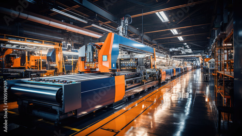 An industrial factory interior with modern machinery and automated production line for manufacturing and engineering.