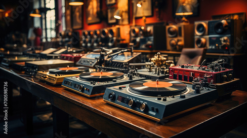 Vintage turntables and audio equipment setup in a warm, retro-styled music room with glowing ambient lighting.