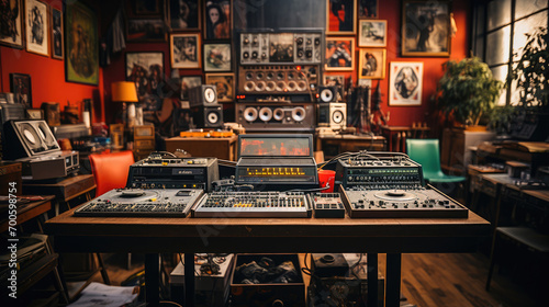 Vintage music studio with analog recording equipment and speakers, showcasing a classic audio production setup.