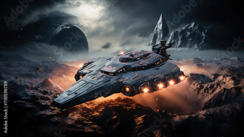 Futuristic spacecraft landing on a mountainous alien landscape with distant planets and stars.