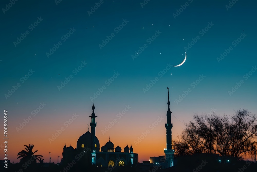 Islamic Crescent Moon of Ramadan Kareem and Eid Mubarak Background