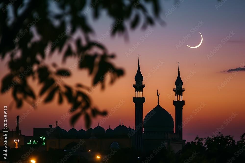 Islamic Crescent Moon of Ramadan Kareem and Eid Mubarak Background