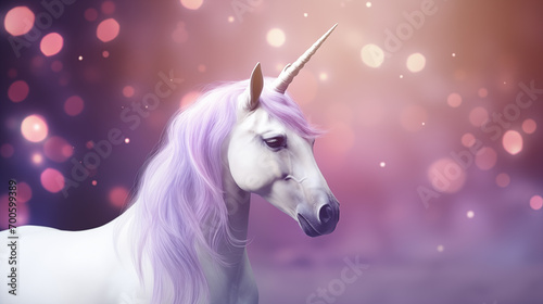 Unicornio isolado em um fundo roxo, lilás e lavanda com luzes desfocadas - Fundo de tela 