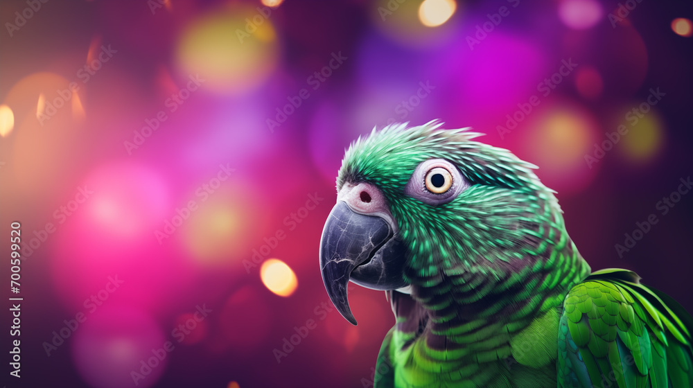 Papagaio verde isolado em um fundo roxo, lilás e lavanda com luzes desfocadas - Fundo de tela  - obrazy, fototapety, plakaty 