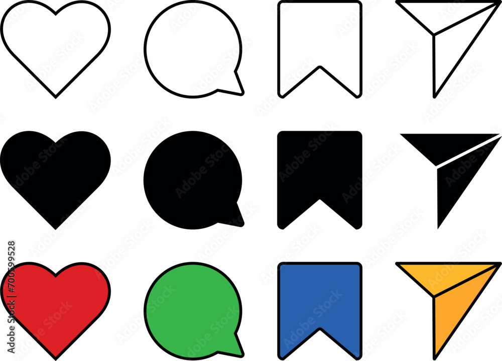 Set of generic social media user interface icons. Like, comment, share and save icons. Social media flat icon lined, isolated and colored style. Vector illustration Set of generic social media user interface icons. Like, comment, share and save icons. Social media flat icon lined, isolated and colored style. Vector illustration