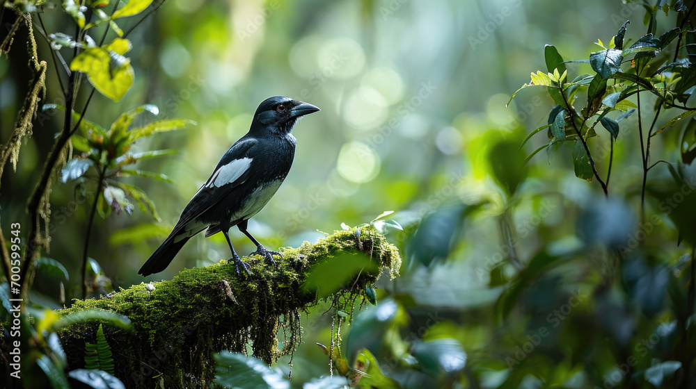 A serene magpie sits quietly on a mossy branch amidst a blur of green leaves in a dense, tranquil forest
A serene magpie sits quietly on a mossy branch amidst a blur of green leaves in a dense, tranquil forest
