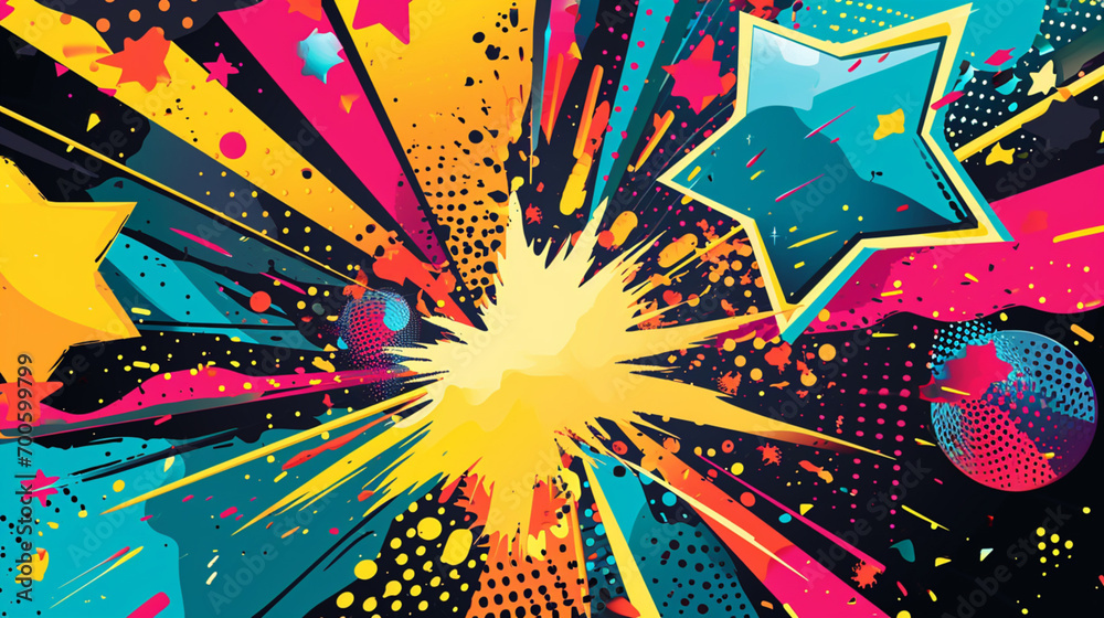 Fototapeta premium A pop art style with colorful bubbles and geometric shapes background. Cartoon banner background, copy paste area for text or sign 
