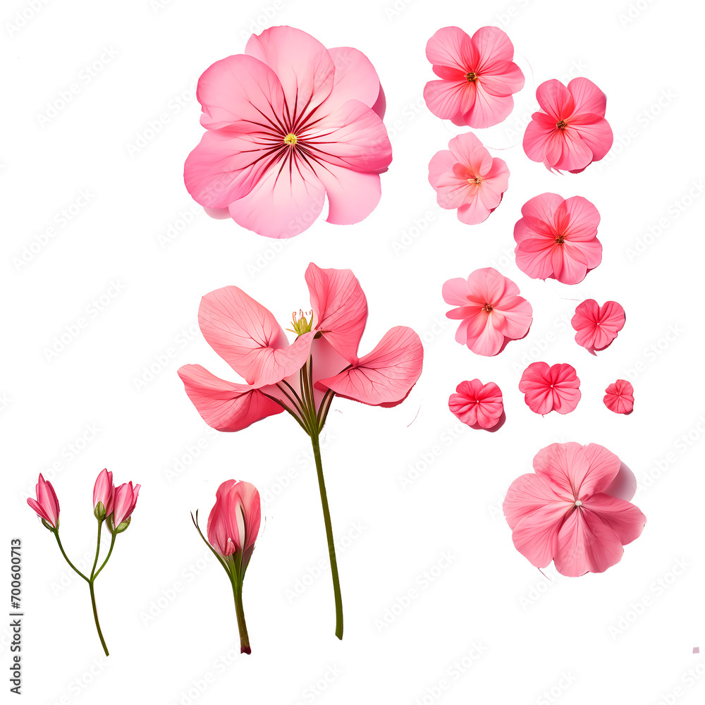 Pink flowers on isolated background, flat layout, PNG