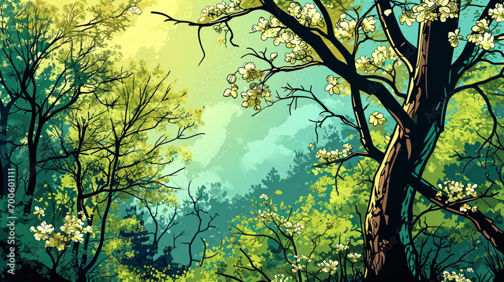 Pop art spring template. Blooming buds in the forest. Colorful background in pop art retro comic style. Pop art spring template. Blooming buds in the forest. Colorful background in pop art retro comic style.