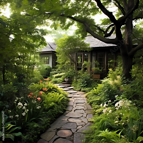A tranquil garden with a stone pathway and blooming flowers.