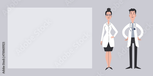 Cartoon doctor characters staying together next to empty space. Male and female doctors. Retro vector illustration.