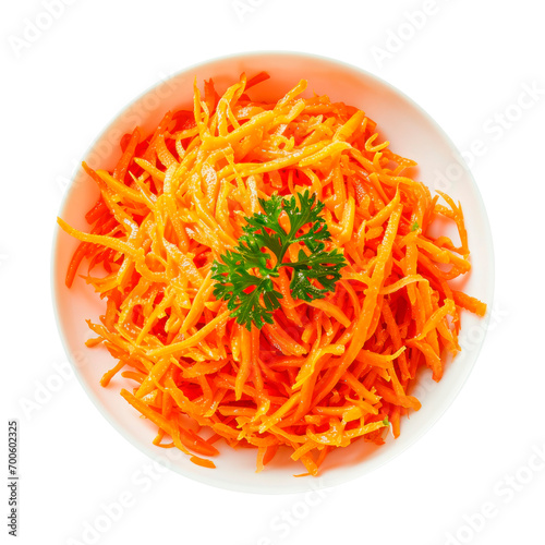 Salad grated carrots in sauce with greens. Isolated on transparent background.