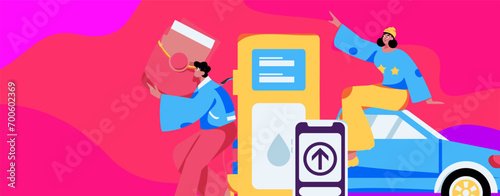 Vector Internet operation hand-drawn illustration of people getting discounts for refueling their cars
