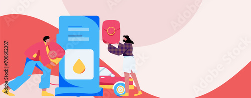 Vector Internet operation hand-drawn illustration of people getting discounts for refueling their cars

