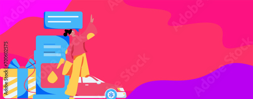 Vector Internet operation hand-drawn illustration of people getting discounts for refueling their cars
