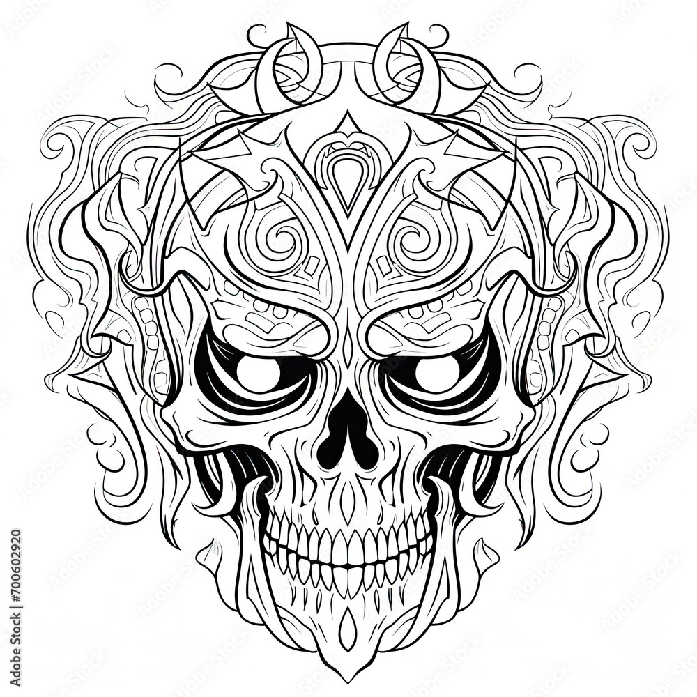 Stylized black and white clip-art skull drawing. 