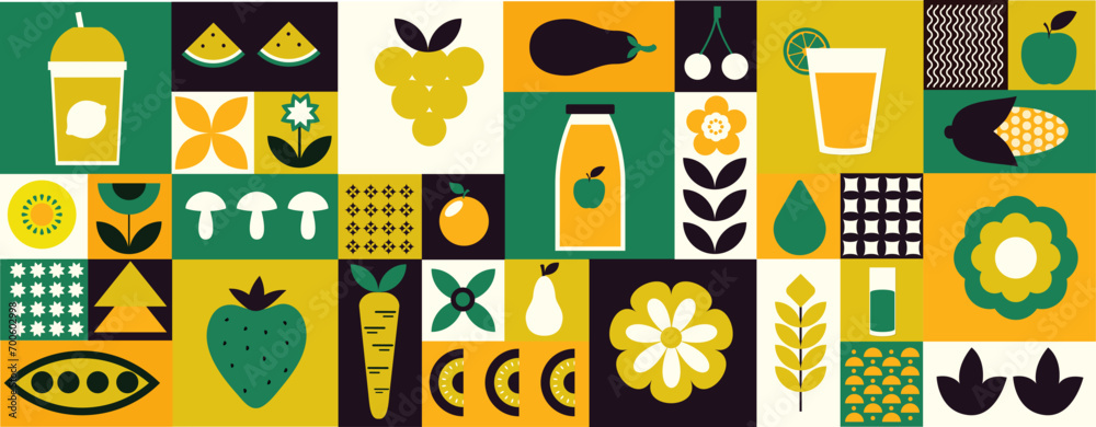 Fototapeta premium Bauhaus. Autumn food geometric mosaic background. Natural organic fruits and vegetables with a simple Swiss style pattern. Harvest illustration, agriculture