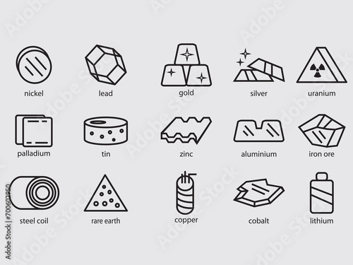 Set of metallic materials and precious metals outline icons related to most traded commodities.material base metal ore photo