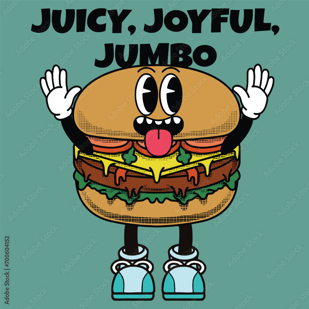 Burgers Character Design With Slogan Juicy, Joyful, Jumbo