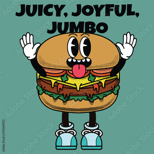 Burgers Character Design With Slogan Juicy  Joyful  Jumbo