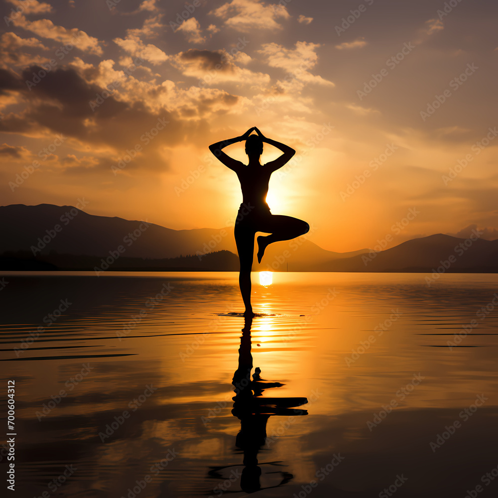 Silhouette of a person doing yoga at sunset.