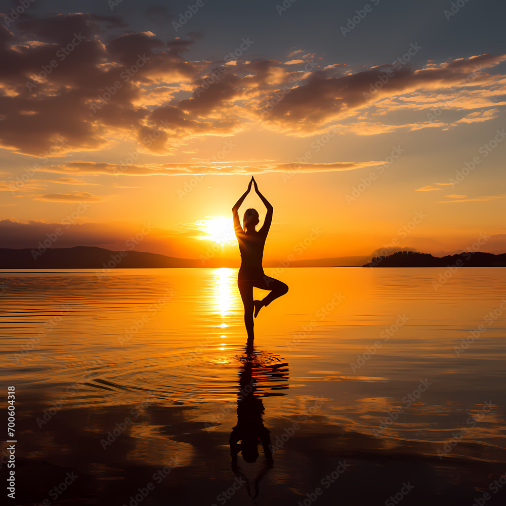 Silhouette of a person doing yoga at sunset.
