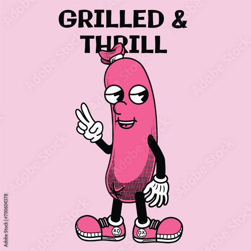 Sausage Character Design With Slogan Grilled & thrill