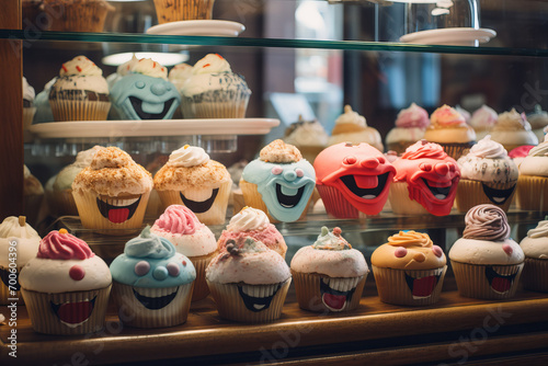 Assortment of cupcakes with cute, smiling faces, chuckling in a cozy bakery display.  generative ai,  generative,  ai, 