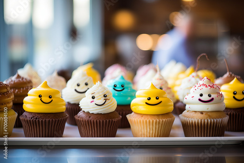 Assortment of cupcakes with cute, smiling faces, chuckling in a cozy bakery display.  generative ai,  generative,  ai, 