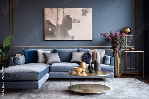 Modern classy living room with a luxurious velvet couch. Generative AI photo